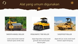 Alat yang umum digunakan
SMOOTH-WHEEL ROLLER PENEUMATIC TIRE ROLLER SHEEPFOOT ROLLER
cocok untuk tanah material
berbutir (pasir, kerikil, dsb)
dapat digunakan untuk tanah
granular dan kohesif pada
tibunan jalan
dapat diisi air, cocok untuk tanah
kohesif, seperti lempung
 