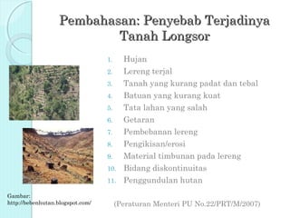 Pembahasan: Penyebab Terjadinya
                           Tanah Longsor
                                  1.  Hujan
                                  2.  Lereng terjal
                                  3.  Tanah yang kurang padat dan tebal
                                  4.  Batuan yang kurang kuat
                                  5.  Tata lahan yang salah
                                  6.  Getaran
                                  7.  Pembebanan lereng
                                  8.  Pengikisan/erosi
                                  9.  Material timbunan pada lereng
                                  10. Bidang diskontinuitas
                                  11. Penggundulan hutan

Gambar:
http://bebenhutan.blogspot.com/        (Peraturan Menteri PU No.22/PRT/M/2007)
 