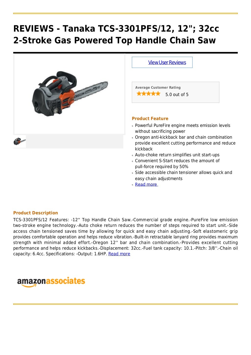 Tanaka tcs 3301 pfs 12, 12 ; 32cc 2stroke gas powered top handle chain saw
