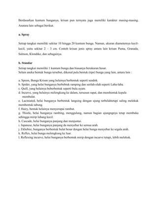 Berdasarkan kuntum bunganya, krisan pun ternyata juga memiliki karakter masing-masing.
Anatara lain sebagai berikut.
a. Spray
Setiap tangkai memiliki sekitar 10 hingga 20 kuntum bunga. Namun, ukuran diameternya kecilkecil, yaitu sekitar 2 – 3 cm. Contoh krisan jenis spray antara lain krisan Puma, Granada,
Salmon, Klondike, dan sebagainya.
b. Standar
Setiap tangkai memiliki 1 kuntum bunga dan biasanya berukuran besar.
Selain aneka bentuk bunga tersebut, dikenal pula bentuk (tipe) bunga yang lain, antara lain :
a. Spoon, Bunga Krisan yang helainya berbentuk seperti sendok.
b. Spider, yang helai bunganya berbebtuk ramping dan seolah-olah seperti Laba-laba.
c. Quill, yang helainya beberbentuk seperti bulu ayam.
d. Incurve, yang helainya melengkung ke dalam, tersusun rapat, dan membentuk kepala
membulat.
e. Laciniated, helai bunganya berbentuk langsing dengan ujung terbelahtetapi saling melekuk
membentuk tabung.
f. Hairy, bentuk helainya menyerupai rambut.
g. Thistle, helai bunganya rambing, menggulung, namun bagian ujungngnya tetap membuka
sehingga mirip lubang kecil.
h. Cascade, helai bunganya panjang dan menjuntai.
i. Japanese, helai bunganya panjang da menyebar ke semua arah.
j. Ekhebisi, bunganya berbentuk bulat besar dengan helai bunga menyebar ke segala arah.
k. Reflex, helai bunga melengkung ke luar.
l. Reflexing incurve, helai bunganya berbentuk mirip dengan incurve tetapi, lebih melekuk.

 