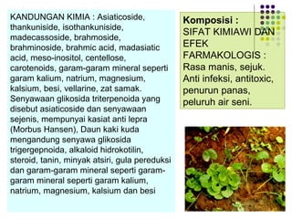 KANDUNGAN KIMIA : Asiaticoside,
thankuniside, isothankuniside,
madecassoside, brahmoside,
brahminoside, brahmic acid, madasiatic
acid, meso-inositol, centellose,
carotenoids, garam-garam mineral seperti
garam kalium, natrium, magnesium,
kalsium, besi, vellarine, zat samak.
Senyawaan glikosida triterpenoida yang
disebut asiaticoside dan senyawaan
sejenis, mempunyai kasiat anti lepra
(Morbus Hansen), Daun kaki kuda
mengandung senyawa glikosida
trigergepnoida, alkaloid hidrokotilin,
steroid, tanin, minyak atsiri, gula pereduksi
dan garam-garam mineral seperti garam-
garam mineral seperti garam kalium,
natrium, magnesium, kalsium dan besi
Komposisi :
SIFAT KIMIAWI DAN
EFEK
FARMAKOLOGIS :
Rasa manis, sejuk.
Anti infeksi, antitoxic,
penurun panas,
peluruh air seni.
 