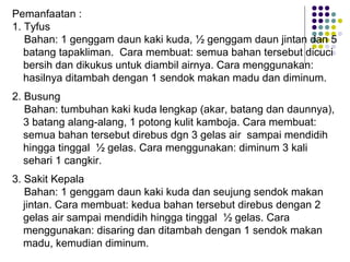 Pemanfaatan :
1. Tyfus
Bahan: 1 genggam daun kaki kuda, ½ genggam daun jintan dan 5
batang tapakliman. Cara membuat: semua bahan tersebut dicuci
bersih dan dikukus untuk diambil airnya. Cara menggunakan:
hasilnya ditambah dengan 1 sendok makan madu dan diminum.
2. Busung
Bahan: tumbuhan kaki kuda lengkap (akar, batang dan daunnya),
3 batang alang-alang, 1 potong kulit kamboja. Cara membuat:
semua bahan tersebut direbus dgn 3 gelas air sampai mendidih
hingga tinggal ½ gelas. Cara menggunakan: diminum 3 kali
sehari 1 cangkir.
3. Sakit Kepala
Bahan: 1 genggam daun kaki kuda dan seujung sendok makan
jintan. Cara membuat: kedua bahan tersebut direbus dengan 2
gelas air sampai mendidih hingga tinggal ½ gelas. Cara
menggunakan: disaring dan ditambah dengan 1 sendok makan
madu, kemudian diminum.
 