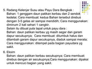 5. Radang Kelenjar Susu atau Payu Dara Bengkak :
Bahan: 1 genggam daun patikan kerbau dan 2 sendok
kedelai; Cara membuat: kedua Bahan tersebut direbus
dengan 3-5 gelas air sampai mendidih; Cara menggunakan:
diminum 2 kali sehari 1 cangkir.
Selain itu dibuat pula tapal untuk payu dara :
Bahan: daun patikan kerbau yg masih segar dan garam
dapur secukupnya; Cara membuat: ditumbuk halus dan
ditambah garam dapur secukupnya, diaduk sampai merata;
Cara menggunakan: ditempel pada bagian payudara yg
sakit.
6. Eksim
Bahan: daun patikan kerbau secukupnya; Cara membuat:
direbus dengan air secukupnya;Cara menggunakan: dipakai
untuk mencuci bagian yang sakit.
 