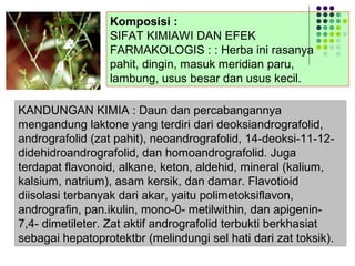 Komposisi :
SIFAT KIMIAWI DAN EFEK
FARMAKOLOGIS : : Herba ini rasanya
pahit, dingin, masuk meridian paru,
lambung, usus besar dan usus kecil.
KANDUNGAN KIMIA : Daun dan percabangannya
mengandung laktone yang terdiri dari deoksiandrografolid,
andrografolid (zat pahit), neoandrografolid, 14-deoksi-11-12-
didehidroandrografolid, dan homoandrografolid. Juga
terdapat flavonoid, alkane, keton, aldehid, mineral (kalium,
kalsium, natrium), asam kersik, dan damar. Flavotioid
diisolasi terbanyak dari akar, yaitu polimetoksiflavon,
andrografin, pan.ikulin, mono-0- metilwithin, dan apigenin-
7,4- dimetileter. Zat aktif andrografolid terbukti berkhasiat
sebagai hepatoprotektbr (melindungi sel hati dari zat toksik).
 