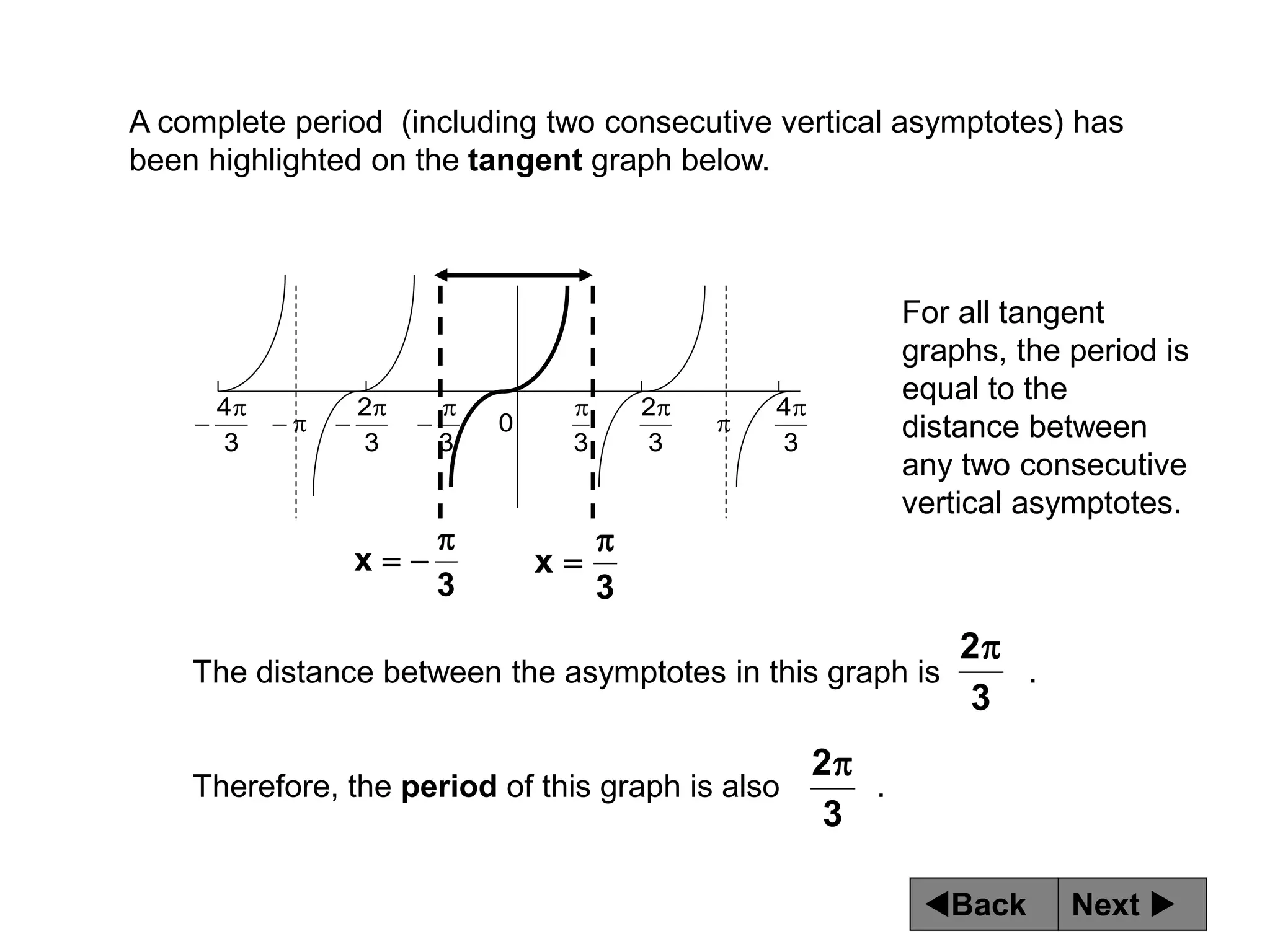 Next 
Back
A complete period (including two consecutive vertical asymptotes) has
been highlighted on the tangent graph below.
The distance between the asymptotes in this graph is .
Therefore, the period of this graph is also .
3
x



3
x


3
2
3
4
3
2
3
0
3
3
2
3
4 











For all tangent
graphs, the period is
equal to the
distance between
any two consecutive
vertical asymptotes.
3
2
 