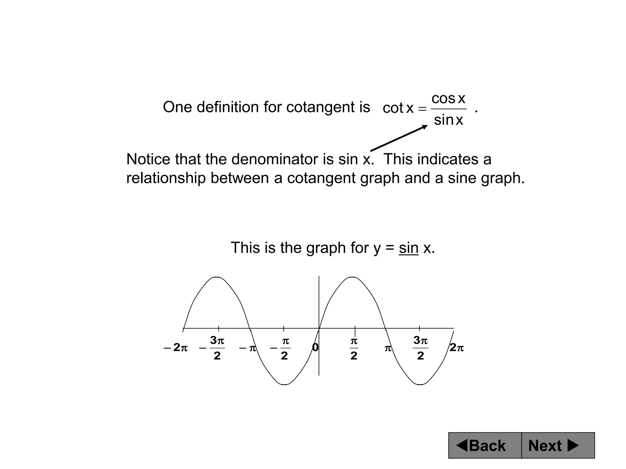 Next 
Back
One definition for cotangent is .
x
sin
x
cos
x
cot 
Notice that the denominator is sin x. This indicates a
relationship between a cotangent graph and a sine graph.
This is the graph for y = sin x.











 2
2
3
2
0
2
2
3
2
 
