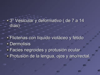 3° Vesicular y deformativo ( de 7 a 14 días) Flictenas con líquido violáceo y fétido Dermolisis Facies negroides y protusión ocular Protusión de la lengua, ojos y ano/rectal. 