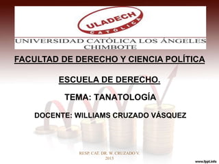 TEMA: TANATOLOGÍA
DOCENTE: WILLIAMS CRUZADO VÁSQUEZ
RESP. CAT. DR. W. CRUZADO V.
2015
FACULTAD DE DERECHO Y CIENCIA POLÍTICA
ESCUELA DE DERECHO.
 