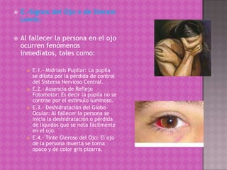 E.-Signos del Ojo o de StenonLowis:Al fallecer la persona en el ojo ocurren fenómenos inmediatos, tales como:E.1.- Midriasis Pupilar: La pupila se dilata por la pérdida de control del Sistema Nervioso Central.E.2.- Ausencia de Reflejo Fotomotor: Es decir la pupila no se contrae por el estimulo luminoso.E.3.- Deshidratación del Globo Ocular: Al fallecer la persona se inicia la deshidratación o pérdida de líquidos que se nota fácilmente en el ojo.E.4.- Tinte Gleroso del Ojo: El ojo de la persona muerta se torna opaco y de color gris pizarra.