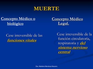 Dra. Marlene Mendoza Navarro
MUERTE
Concepto Médico o
biológico
Cese irreversible de las
funciones vitales
Concepto Médico
Legal.
Cese irreversible de la
función circulatoria,
respiratoria y del
sistema nervioso
central
 