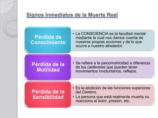 Signos Inmediatos de la Muerte Real


                  • La CONSCIENCIA es la facultad mental
  Pérdida de        mediante la cual nos damos cuenta de
 Conocimiento       nuestras propias acciones y de lo que
                    ocurre a nuestro alrededor.



  Pérdida de la   • Se refiere a la psicomotricidad a diferencia
                    de los cadáveres que pueden tener
   Motilidad        movimientos involuntarios, reflejos.



                  • Es la abolición de las funciones superiores
  Pérdida de la     del Cerebro.
  Sensibilidad    • La persona que está realmente muerta no
                    reacciona al dolor, presión, etc.
 