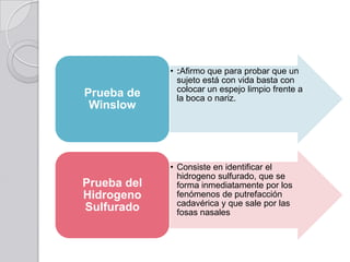 • :Afirmo que para probar que un
               sujeto está con vida basta con
               colocar un espejo limpio frente a
Prueba de      la boca o nariz.
 Winslow




             • Consiste en identificar el
               hidrogeno sulfurado, que se
Prueba del     forma inmediatamente por los
Hidrogeno      fenómenos de putrefacción
               cadavérica y que sale por las
Sulfurado      fosas nasales
 