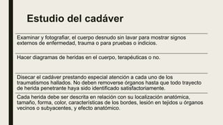 Estudio del cadáver
Examinar y fotografiar, el cuerpo desnudo sin lavar para mostrar signos
externos de enfermedad, trauma o para pruebas o indicios.
Hacer diagramas de heridas en el cuerpo, terapéuticas o no.
Disecar el cadáver prestando especial atención a cada uno de los
traumatismos hallados. No deben removerse órganos hasta que todo trayecto
de herida penetrante haya sido identificado satisfactoriamente.
Cada herida debe ser descrita en relación con su localización anatómica,
tamaño, forma, color, características de los bordes, lesión en tejidos u órganos
vecinos o subyacentes, y efecto anatómico.
 
