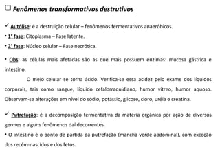 Fenômenos transformativos destrutivos
 Autólise: é a destruição celular – fenômenos fermentativos anaeróbicos.
• 1° fase: Citoplasma – Fase latente.
• 2° fase: Núcleo celular – Fase necrótica.
• Obs: as células mais afetadas são as que mais possuem enzimas: mucosa gástrica e
intestino.
O meio celular se torna ácido. Verifica-se essa acidez pelo exame dos líquidos
corporais, tais como sangue, líquido cefalorraquidiano, humor vítreo, humor aquoso.
Observam-se alterações em nível do sódio, potássio, glicose, cloro, uréia e creatina.
 Putrefação: é a decomposição fermentativa da matéria orgânica por ação de diversos
germes e alguns fenômenos daí decorrentes.
• O intestino é o ponto de partida da putrefação (mancha verde abdominal), com exceção
dos recém-nascidos e dos fetos.
 