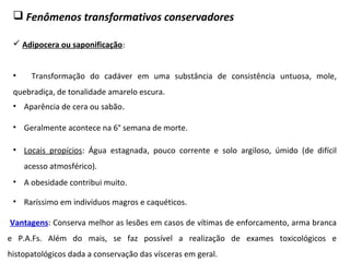  Fenômenos transformativos conservadores
 Adipocera ou saponificação:
• Transformação do cadáver em uma substância de consistência untuosa, mole,
quebradiça, de tonalidade amarelo escura.
Vantagens: Conserva melhor as lesões em casos de vítimas de enforcamento, arma branca
e P.A.Fs. Além do mais, se faz possível a realização de exames toxicológicos e
histopatológicos dada a conservação das vísceras em geral.
• Raríssimo em indivíduos magros e caquéticos.
• A obesidade contribui muito.
• Locais propícios: Água estagnada, pouco corrente e solo argiloso, úmido (de difícil
acesso atmosférico).
• Geralmente acontece na 6° semana de morte.
• Aparência de cera ou sabão.
 