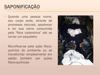  Quando uma pessoa morre,
seu corpo pode, através de
processos naturais, apodrecer
e ter sua carne consumida
pela "flora cadavérica" até se
tornar um esqueleto;
 Mumificar-se pela ação físico-
química do ambiente ou se
transformar simplesmente em
sabão também por ações
físico-químicas
 