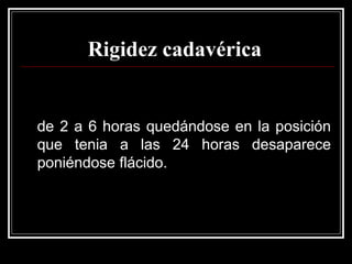 Rigidez cadavérica
de 2 a 6 horas quedándose en la posición
que tenia a las 24 horas desaparece
poniéndose flácido.
 
