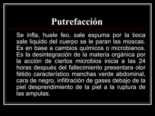 Putrefacción
Se infla, huele feo, sale espuma por la boca
sale liquido del cuerpo se le paran las moscas.
Es en base a cambios químicos o microbianos.
Es la desintegración de la materia orgánica por
la acción de ciertos microbios inicia a las 24
horas después del fallecimiento presentara olor
fétido característico manchas verde abdominal,
cara de negro, infiltración de gases debajo de la
piel desprendimiento de la piel a la ruptura de
las ampulas.
 