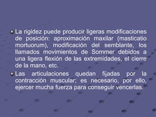 La rigidez puede producir ligeras modificaciones de posición: aproximación maxilar (masticatio mortuorum), modificación del semblante, los llamados movimientos de Sommer debidos a una ligera flexión de las extremidades, el cierre de la mano, etc.  Las articulaciones quedan fijadas por la contracción muscular; es necesario, por ello, ejercer mucha fuerza para conseguir vencerlas. 