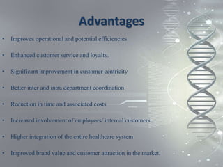 Advantages
• Improves operational and potential efficiencies
• Enhanced customer service and loyalty.
• Significant improvement in customer centricity
• Better inter and intra department coordination
• Reduction in time and associated costs
• Increased involvement of employees/ internal customers
• Higher integration of the entire healthcare system
• Improved brand value and customer attraction in the market.
 