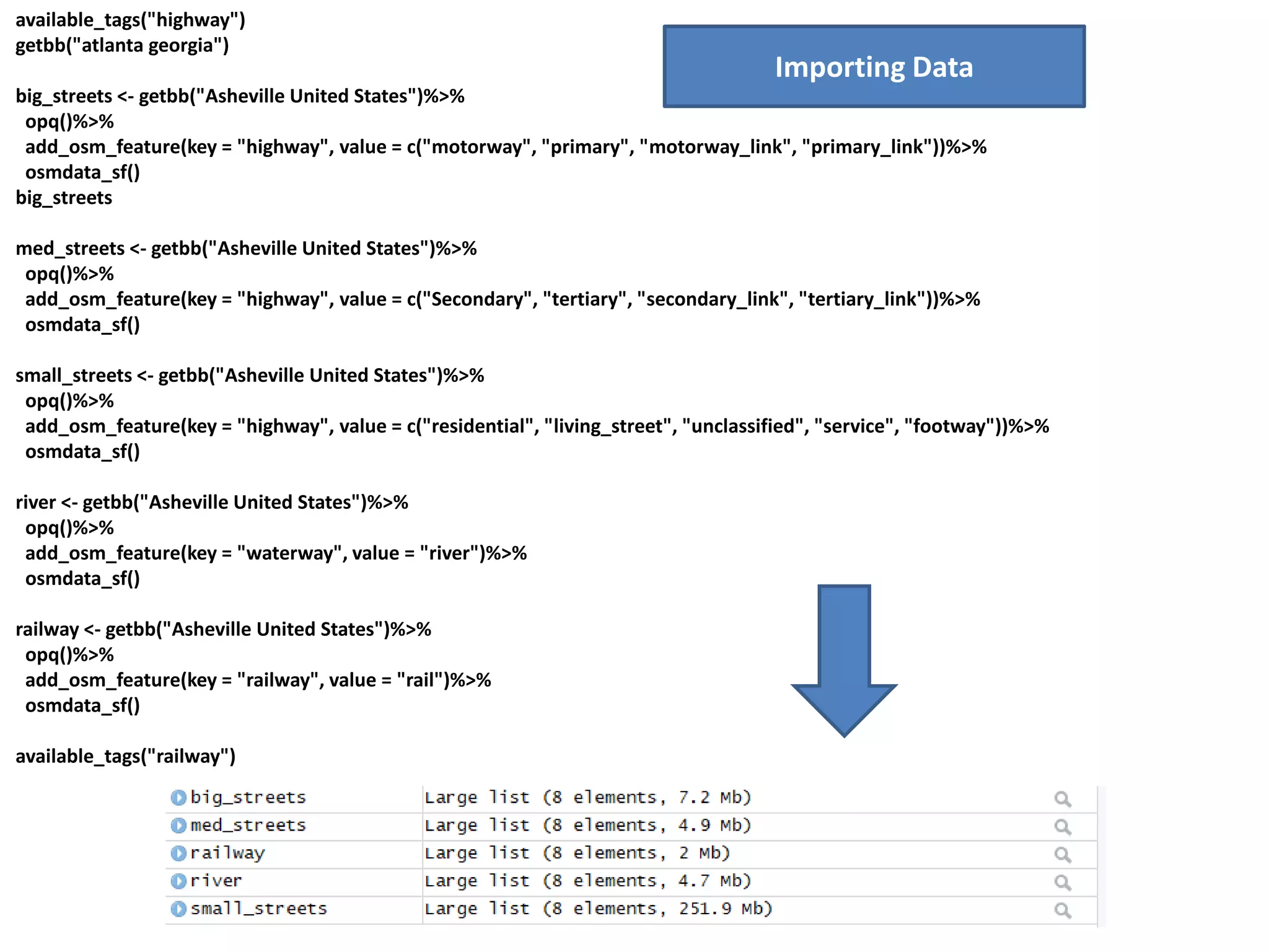 available_tags("highway")
getbb("atlanta georgia")
big_streets <- getbb("Asheville United States")%>%
opq()%>%
add_osm_feature(key = "highway", value = c("motorway", "primary", "motorway_link", "primary_link"))%>%
osmdata_sf()
big_streets
med_streets <- getbb("Asheville United States")%>%
opq()%>%
add_osm_feature(key = "highway", value = c("Secondary", "tertiary", "secondary_link", "tertiary_link"))%>%
osmdata_sf()
small_streets <- getbb("Asheville United States")%>%
opq()%>%
add_osm_feature(key = "highway", value = c("residential", "living_street", "unclassified", "service", "footway"))%>%
osmdata_sf()
river <- getbb("Asheville United States")%>%
opq()%>%
add_osm_feature(key = "waterway", value = "river")%>%
osmdata_sf()
railway <- getbb("Asheville United States")%>%
opq()%>%
add_osm_feature(key = "railway", value = "rail")%>%
osmdata_sf()
available_tags("railway")
Importing Data
 