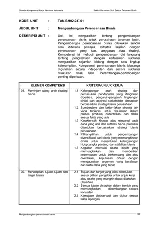 Standar Kompetensi Kerja Nasional Indonesia Sektor Pertanian Sub Sektor Tanaman Buah
Mengembangkan perencanaan bisnis 162
KODE UNIT : TAN.BH02.047.01
JUDUL UNIT : Mengembangkan Perencanaan Bisnis
DESKRIPSI UNIT : Unit ini menguraikan tentang pengembangan
perencanaan bisnis untuk perusahaan tanaman buah.
Pengembangan perencanaan bisnis dilakukan sendiri
atau dibawah petunjuk terbatas sejalan dengan
perencanaan yang luas, anggaran atau strategi.
Kompetensi ini meliputi pengembangan diri langsung
tentang pengetahuan dengan kedalaman subtansi
menguraikan sejumlah bidang dengan satu lingkup
keterampilan. Kompetensi perencanaan bisnis biasanya
digunakan secara independen dan secara subtansi
dilakukan tidak rutin. Pertimbangan-pertimbangan
penting diperlukan.
. ELEMEN KOMPETENSI KRITERIAUNJUK KERJA
01. Meminjam ulang arah strategi
bisnis
1.1 Kelangsungan arah strategi dan
pemasukan pendapatan yang diinginkan
diperiksa, pengaruh-pengaruh lingkungan
dinilai dan aspirasi stakeholder ditetapkan
berdasarkan strategi bisnis perusahaan
1.2 Sumberdaya dan faktor-faktor strategi lain
yang tersedia untuk digunakan dalam
proses produksi diidentifikasi dan dinilai
sesuai fakta yang ada
1.3 Karakteristik khusus atau relevansi pada
dana yang ada dan aktifitas bisnis potensial
ditentukan berdasarkan strategi bisnis
perusahaan
1.4 Pilihan-pilihan untuk pengembangan
diversifikasi dari bisnis yang memungkinkan
dinilai untuk menentukan kelangsungan
hidup jangka panjang dan stabilitas bisnis
1.5 Kegiatan memulai usaha dipilih yang
memungkinkan dan memberikan
kesempatan untuk berkembang dan atau
diverifikasi, keputusan dibuat dengan
menggunakan argumen yang beralasan
dan fakta-fakta yang tepat
02. Menetapkan tujuan-tujuan dan
target bisnis
2.1 Tujuan dan target yang jelas ditentukan
sesuai pilihan pengelola untuk unjuk kerja
atau usaha yang mungkin dapat dilakukan
(feasible)
2.2 Semua tujuan disiapkan dalam bentuk yang
memungkinkan dikembangkan secara
konsisten
2.3 Kemajuan diobservasi dan diukur sesuai
fakta lapangan
 