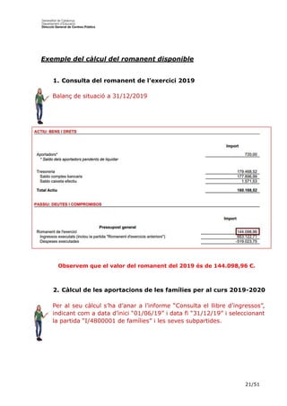 21/51
Exemple del càlcul del romanent disponible
Observem que el valor del romanent del 2019 és de 144.098,96 €.
1. Consulta del romanent de l’exercici 2019
Balanç de situació a 31/12/2019
2. Càlcul de les aportacions de les famílies per al curs 2019-2020
Per al seu càlcul s’ha d’anar a l’informe “Consulta el llibre d’ingressos”,
indicant com a data d’inici “01/06/19” i data fi “31/12/19” i seleccionant
la partida “I/4800001 de famílies” i les seves subpartides.
 
