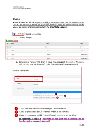25/51
Pas 11
Crear l’exercici 2020 (Aquesta opció ja està disponible des del desembre del
2019 i es pot dur a terme en qualsevol moment però és imprescindible fer-ho
abans de passar el pressupost del 2019 a Liquidat pendent).
Gestió econòmica
1. Clicar a Afegeix
2. Cal escriure l’any: 2020, triar el tipus de pressupost: General (o Menjador
pels centres que fan la gestió) i triar l’estructura del nou pressupost
Copia l’estructura base informada per l’administrador
Copia el pressupost del 2019 sense import a les partides
Copia el pressupost del 2019 amb l’import existent a les partides
Es recomana l’opció 3 (novetats en les partides d’aportacions de
famílies del pressupost general)
1
1
1
2
1
3
2020
 