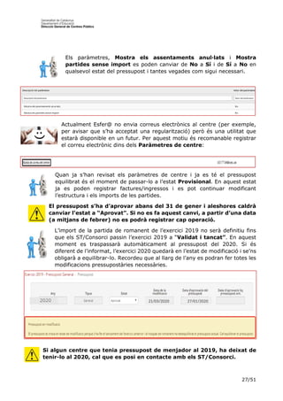 27/51
Els paràmetres, Mostra els assentaments anul·lats i Mostra
partides sense import es poden canviar de No a Sí i de Sí a No en
qualsevol estat del pressupost i tantes vegades com sigui necessari.
Actualment Esfer@ no envia correus electrònics al centre (per exemple,
per avisar que s’ha acceptat una regularització) però és una utilitat que
estarà disponible en un futur. Per aquest motiu és recomanable registrar
el correu electrònic dins dels Paràmetres de centre:
Quan ja s’han revisat els paràmetres de centre i ja es té el pressupost
equilibrat és el moment de passar-lo a l’estat Provisional. En aquest estat
ja es poden registrar factures/ingressos i es pot continuar modificant
l’estructura i els imports de les partides.
El pressupost s’ha d’aprovar abans del 31 de gener i aleshores caldrà
canviar l’estat a “Aprovat”. Si no es fa aquest canvi, a partir d’una data
(a mitjans de febrer) no es podrà registrar cap operació.
L’import de la partida de romanent de l’exercici 2019 no serà definitiu fins
que els ST/Consorci passin l’exercici 2019 a “Validat i tancat”. En aquest
moment es traspassarà automàticament al pressupost del 2020. Si és
diferent de l’informat, l’exercici 2020 quedarà en l’estat de modificació i se’ns
obligarà a equilibrar-lo. Recordeu que al llarg de l’any es podran fer totes les
modificacions pressupostàries necessàries.
Si algun centre que tenia pressupost de menjador al 2019, ha deixat de
tenir-lo al 2020, cal que es posi en contacte amb els ST/Consorci.
21/03/2020 27/01/2020
020
 