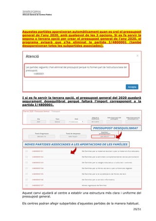 29/51
Aquestes partides apareixeran automàticament quan es creï el pressupost
general de l’any 2020, amb qualsevol de les 3 opcions. Si es fa servir la
segona o tercera opció per crear el pressupost general de l’any 2020, el
programa avisarà que s’ha eliminat la partida I/4800001 (també
desapareixeran totes les subpartides associades).
I si es fa servir la tercera opció, el pressupost general del 2020 quedarà
segurament desequilibrat perquè faltarà l’import corresponent a la
partida I/4800001.
Aquest canvi ajudarà al centre a establir una estructura més clara i uniforme del
pressupost general.
Els centres podran afegir subpartides d’aquestes partides de la manera habitual.
NOVES PARTIDES ASSOCIADES A LES APORTACIONS DE LES FAMÍLIES
PRESSUPOST DESEQUILIBRAT
 