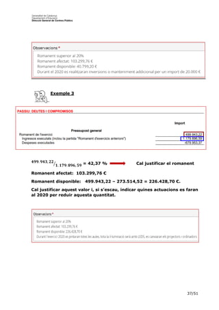 37/51
Exemple 3
𝟒𝟗𝟗. 𝟗𝟒𝟑, 𝟐𝟐
𝟏. 𝟏𝟕𝟗. 𝟖𝟗𝟔, 𝟓𝟗⁄ = 42,37 % Cal justificar el romanent
Romanent afectat: 103.299,76 €
Romanent disponible: 499.943,22 – 273.514,52 = 226.428,70 €.
Cal justificar aquest valor i, si s’escau, indicar quines actuacions es faran
al 2020 per reduir aquesta quantitat.
 