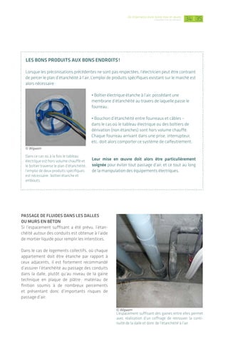 De l’importance d’une bonne mise en œuvre
L’étanchéité à l'air des bâtiments |34 35
les bOns prOduIts aux bOns endrOIts!
Lorsque les préconisations précédentes ne sont pas respectées, l’électricien peut être contraint
de percer le plan d’étanchéité à l’air. L’emploi de produits spécifiques existant sur le marché est
alors nécessaire:
• Boîtier électrique étanche à l’air, possédant une
membrane d’étanchéité au travers de laquelle passe le
fourreau;
• Bouchon d’étanchéité entre fourreaux et câbles –
dans le cas où le tableau électrique ou des boîtiers de
dérivation (non étanches) sont hors volume chauffé.
Chaque fourreau arrivant dans une prise, interrupteur,
etc. doit alors comporter ce système de calfeutrement.
leur mise en œuvre doit alors être particulièrement
soignée pour éviter tout passage d’air, et ce tout au long
de la manipulation des équipements électriques.
Dans ce cas où à la fois le tableau
électrique est hors volume chauffé et
le boîtier traverse le plan d’étanchéité,
l’emploi de deux produits spécifiques
est nécessaire: boîtier étanche et
embouts.
passage de fluIdes dans les dalles
Ou murs en bétOn
Si l’espacement suffisant a été prévu, l’étan-
chéité autour des conduits est obtenue à l’aide
de mortier liquide pour remplir les interstices.
Dans le cas de logements collectifs, où chaque
appartement doit être étanche par rapport à
ceux adjacents, il est fortement recommandé
d’assurer l’étanchéité au passage des conduits
dans la dalle, plutôt qu’au niveau de la gaine
technique en plaque de plâtre: matériau de
finition soumis à de nombreux percements
et présentant donc d’importants risques de
passage d’air.
L’espacement suffisant des gaines entre elles permet
avec réalisation d’un coffrage de retrouver la conti-
nuité de la dalle et donc de l’étanchéité à l’air.
© Wigwam
© Wigwam
3.4 passage des fluides
> éLECTRICIEN / PLOMBIER /
ChAUffAGISTE / vENTILATION
MAÇON • PLÂTRIER-PLAQUISTE
• ChARPENTIER
une prIse en cOmpte
dès la cOnceptIOn
pOur une sImplIfIcatIOn
de la mIse en œuvre
Le travail effectué en conception (cf. p. 19
à 20) a permis d’optimiser la distribution
des fluides, en suivant plusieurs principes:
• Limiter le nombre de percements du
système d’étanchéité à l’air par:
- L’intégration du tableau électrique
(hors cas des locaux TGBT ventilés) dans
le volume chauffé;
- L’utilisation d’un vide technique en paroi
ou plénum en plafond pour le passage
des gaines et conduits;
• Prévoir un espacement suffisant autour
de chaque gaine pour permettre le
calfeutrement.
lorsque cette conception des fluides en
amont est bien prise en compte, l’utilisation
de produits spécifiques est limitée à des
traversées ponctuelles. Celles-ci impliqueront
en général plusieurs corps d’état. Par exemple,
l’installation des luminaires extérieurs et inter-
phones impliquera électricien, plaquiste et/ou
charpentier en ossature bois.
les fOurreaux électrIques
• Lorsque le tableau électrique est situé dans
le volume chauffé: calfeutrer les arrivées au
tableau entre fourreaux et câbles;
• Lorsque le tableau est hors volume chauffé
(local TGBT en tertiaire par exemple), bien
identifier chaque entrée de fourreau dans le
bâtiment pour venir réaliser un calfeutrement
entre fourreau et câble avant la distribution en
intérieur.
Les arrivées alimentant le tableau électrique situé
dans le volume chauffé doivent être calfeutrées.
MENUISIER
ÉLECTRICIEN / PLOMBIER /
CHAUFFAGISTE
AUCUN MÉTIER CONCERNÉ
MAÇON / PLÂTRIER-PLAQUISTE /
CHARPENTIER
© Isover
 
