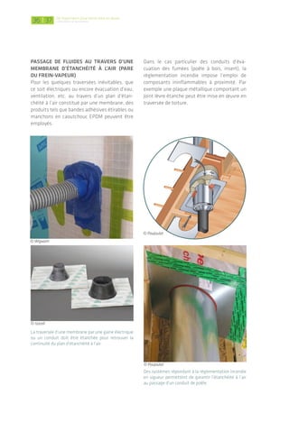 De l’importance d’une bonne mise en œuvre
L’étanchéité à l'air des bâtiments
étanchéIté prOpre des systèmes
Installés
Que ce soit pour les conduits de ventilation
double flux ou de poêle, ou encore les appareils
de combustion, l’ensemble de ces éléments
doivent garantir une parfaite étanchéité. Les
fiches techniques des fabricants spécifient
à cette fin des caractéristiques propres des
systèmes et également les recommandations
lors de la mise en œuvre.
3.5 pose des matériaux de finition
> AUCUN MéTIER CONCERNé
Dans la mesure où le plan d’étanchéité à l’air
doit être pérenne sur toute la durée de vie du
bâtiment, il se doit d’être protégé des travaux de
finition et dégradations diverses dues à l’occu-
pation.
nous rappelons ainsi qu’il n’est pas recom-
mandé d’inclure les matériaux de finition dont
les plaques de plâtre dans le plan d’étanchéité à
l’air (cf. p. 8).
Dans un système d’étanchéité à l’air bien conçu
les corps d’état de finition ne sont pas concernés.
MAÇON / PLÂTRIER-PLAQUISTE
CHARPENTIER / MENUISIER /
CONSTRUCTEUR OSSATURE BOIS
OU ACIER / PLÂTRIER-PLAQUISTE
MENUISIER
ÉLECTRICIEN / PLOMBIER /
CHAUFFAGISTE
AUCUN MÉTIER CONCERNÉ
MAÇON / PLÂTRIER-PLAQUISTE /
CHARPENTIER
© Wigwam
|36 37
passage de fluIdes au travers d’une
membrane d’étanchéIté à l’aIr (pare
Ou freIn-vapeur)
Pour les quelques traversées inévitables, que
ce soit électriques ou encore évacuation d’eau,
ventilation, etc. au travers d’un plan d’étan-
chéité à l’air constitué par une membrane, des
produits tels que bandes adhésives étirables ou
manchons en caoutchouc EPDM peuvent être
employés.
La traversée d’une membrane par une gaine électrique
ou un conduit doit être étanchée pour retrouver la
continuité du plan d’étanchéité à l’air.
Dans le cas particulier des conduits d’éva-
cuation des fumées (poêle à bois, insert), la
réglementation incendie impose l’emploi de
composants ininflammables à proximité. Par
exemple une plaque métallique comportant un
joint lèvre étanche peut être mise en œuvre en
traversée de toiture.
Des systèmes répondant à la réglementation incendie
en vigueur permettent de garantir l’étanchéité à l’air
au passage d’un conduit de poêle.
© Wigwam
© Isocell
© Poujoulat
© Poujoulat
 