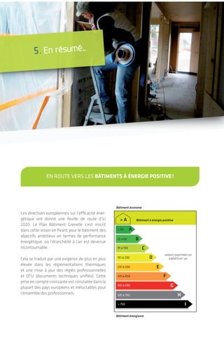5. En résumé…
Les directives européennes sur l’efficacité éner-
gétique ont donné une feuille de route d’ici
2020. Le Plan Bâtiment Grenelle s’est inscrit
dans cette vision en fixant pour le bâtiment des
objectifs ambitieux en termes de performance
énergétique, où l’étanchéité à l’air est devenue
incontournable.
Cela se traduit par une exigence de plus en plus
élevée dans les réglementations thermiques
et une mise à jour des règles professionnelles
et DTU (documents techniques unifiés). Cette
prise en compte croissante est constatée dans la
plupart des pays européens et inéluctables pour
l’ensemble des professionnels.
≤ 50
51 à 90
91 à 150
151 à 230
231 à 330
331 à 450
451 à 590
591 à 750
> 750
A
> A
B
C
D
E
F
G
H
I
Bâtiment économe
Bâtiment à énergie positive
Bâtiment énergivore
valeurs exprimées en
kWhEP/m2
.an
EN ROUTE vERS LES bâtiments à énergie positive!
|
0.8 m3
/h/m2
- 282 cm2
valeur de la référence de la RT2005
0.6 m3
/h/m2
- 210 cm2
Niveau minimum exigé pour le label BBC Effinergie
0.2 m3
/h/m2
- 56 cm2
Objectif des maisons passives
4342 Le test d’étanchéité à l’air
L’étanchéité à l'air des bâtiments
4.3 expression du résultat
La série de mesures effectuées par palier de
pression fournit le taux de renouvellement d’air
par les fuites parasites exprimées selon:
• La réglementation française, Q4PaSurf :
en m3
/(h.m²)de surface de parois froides (hors
planchers bas) sous une différence de pression
de 4 Pa;
• La norme européenne EN13829, n50 : en vol/h,
sous une différence de pression de 50 Pa.
Il est possible de convertir le résultat dans l’une
ou l’autre unité en utilisant une équation ou
abaque de conversion faisant appel notamment
au coefficient de compacité (volume/surface de
parois froides)*.
Un autre indicateur couramment employé pour
exprimer un résultat de test d’infiltrométrie est
la surface équivalente de fuite qui correspond à
la surface d’un orifice unique à travers lequel le
débit mesuré serait identique au débit de fuite
de l’enveloppe.
Cela correspond à la surface équivalente de fuite pour une maison individuelle de 110 m2
de surface habitable,
2,5 m de hauteur sous plafond (soit un volume de 275 m3
) et dont la surface de parois froides est de 196 m2.
(soit V / APF-RT = 1,4 m). Source: CETE Lyon
0.2 0.6 0.8 1.3 2.1
Objectif passif
BBC
Effinergie
RT2005
valeur de référence
RT2005
valeur par défaut
MAISON INDIVIDUELLE Q4 en m3
/(h.m²)
0.2 1.0 1.2 1.7 2.1
Objectif passif BBC
Effinergie RT2005
valeur de référence
RT2005
valeur par défaut
LOGEMENT COLLECTIF
Q4 en m3
/(h.m²)
* Cf. guide « Perméabilité à l’air de l’enveloppe des bâtiments
Généralités et sensibilisation » - CETE de Lyon
Pour les bâtiments tertiaires il n’y a
pas de test obligatoire à réception de
chantier pour la nouvelle réglemen-
tation. Il est recommandé pour un
bâtiment performant de définir un
niveau d’exigence au moins équiva-
lent au logement pour cette catégorie
de bâtiment.
 