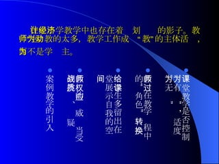 在中小学教学中也存在着计划经济的影子。教师“包”教的太多，教学工作成为“教”的主体活动，而不是学为主。   课堂教学是否控制“有为”，适度“无为” 教师在教学过程中的“角色”转换 给学生多留出在课堂展示自我的空间  教师的权威应当受到挑战、质疑  案例教学的引入   