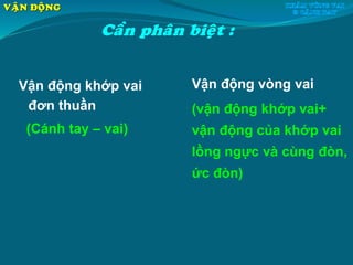 Vận động khớp vai
đơn thuần
(Cánh tay – vai)
Caàn phaân bieät :
Vận động vòng vai
(vận động khớp vai+
vận động của khớp vai
lồng ngực và cùng đòn,
ức đòn)
VAÄN ÑOÄNG
 