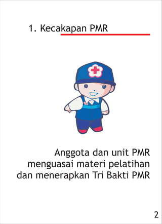 1. Kecakapan PMR
Anggota dan unit PMR
menguasai materi pelatihan
dan menerapkan Tri Bakti PMR
2
 