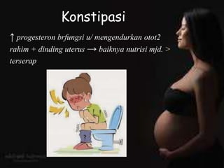 Konstipasi
↑ progesteron brfungsi u/ mengendurkan otot2
rahim + dinding uterus → baiknya nutrisi mjd. >
terserap
 
