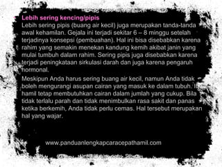 • Lebih sering kencing/pipis
Lebih sering pipis (buang air kecil) juga merupakan tanda-tanda
awal kehamilan. Gejala ini terjadi sekitar 6 – 8 minggu setelah
terjadinya konsepsi (pembuahan). Hal ini bisa disebabkan karena
rahim yang semakin menekan kandung kemih akibat janin yang
mulai tumbuh dalam rahim. Sering pipis juga disebabkan karena
terjadi peningkataan sirkulasi darah dan juga karena pengaruh
hormonal.
• Meskipun Anda harus sering buang air kecil, namun Anda tidak
boleh mengurangi asupan cairan yang masuk ke dalam tubuh. Ibu
hamil tetap membutuhkan cairan dalam jumlah yang cukup. Bila
tidak terlalu parah dan tidak menimbulkan rasa sakit dan panas
ketika berkemih, Anda tidak perlu cemas. Hal tersebut merupakan
hal yang wajar.
• www.panduanlengkapcaracepathamil.com
 