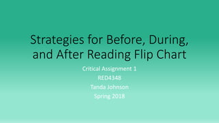 Strategies for Before, During,
and After Reading Flip Chart
Critical Assignment 1
RED4348
Tanda Johnson
Spring 2018
 