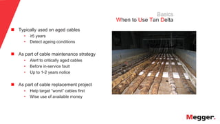 14
Basics
When to Use Tan Delta
n  Typically used on aged cables
• ≥5 years
• Detect ageing conditions
n  As part of cable maintenance strategy
• Alert to critically aged cables
• Before in-service fault
• Up to 1-2 years notice
n  As part of cable replacement project
• Help target “worst” cables first
• Wise use of available money
 