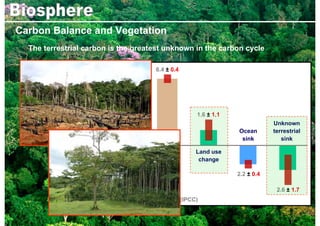 Carbon Balance and Vegetation
  The terrestrial carbon is the greatest unknown in the carbon cycle

                                               6.4 ± 0.4




           3.2 ± 0.1




                                     Sources
                                                           1.6 ± 1.1
                                                                                   Unknown




                       =Σ
                                                                       Ocean       terrestrial
                                                                        sink          sink

             Carbon                             Fossil     Land use
         accumulation in                         fuels      change
                                     Sink


         the atmosphere
                                                                       2.2 ± 0.4

                                                                                    2.6 ± 1.7
         Numbers in Billions of Tons – Carbon / Year (IPCC)
 