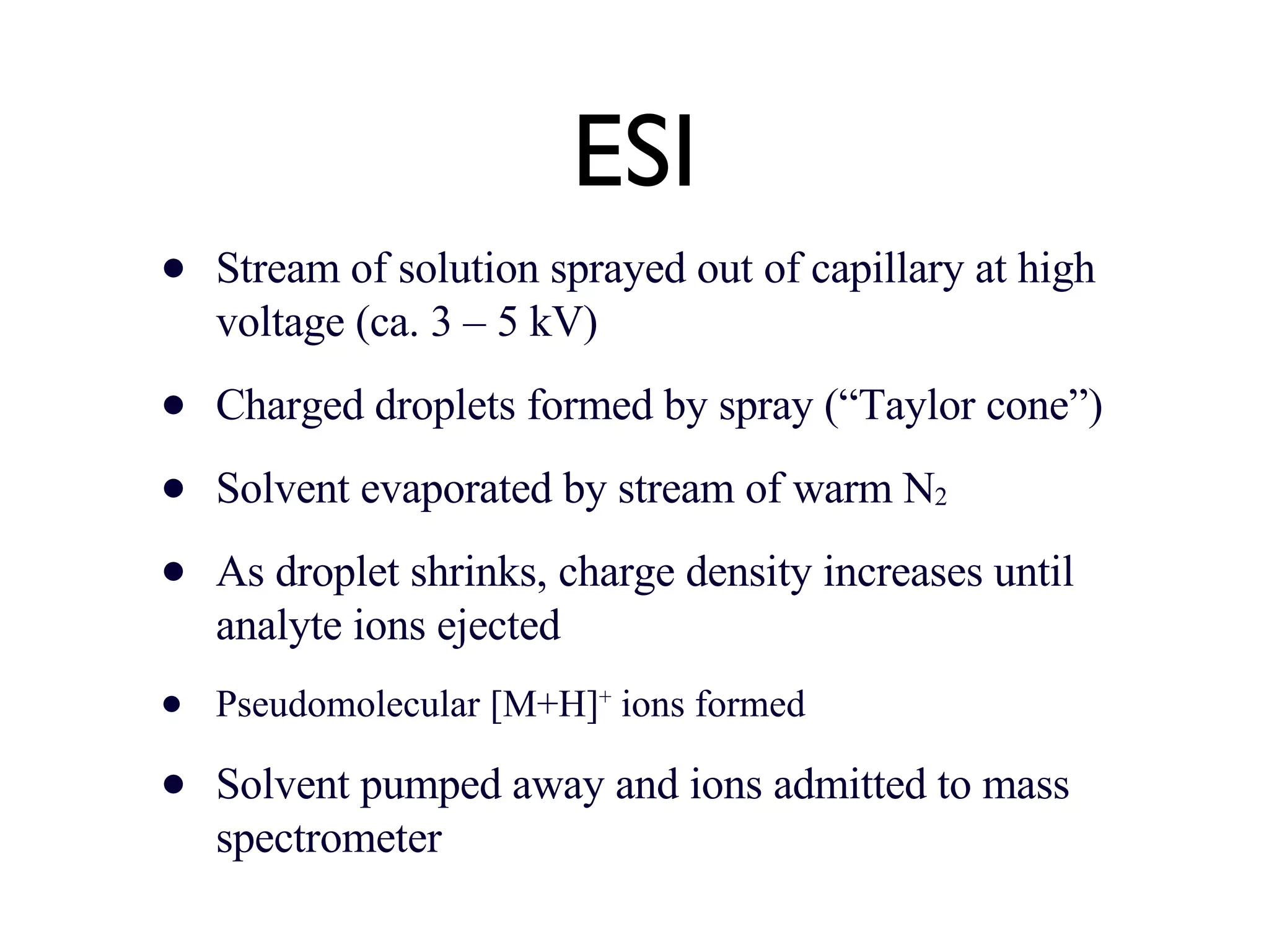 ESI Stream of solution sprayed out of capillary at high voltage (ca. 3 – 5 kV) Charged droplets formed by spray (“Taylor cone”) Solvent evaporated by stream of warm N 2 As droplet shrinks, charge density increases until analyte ions ejected Pseudomolecular [M+H] +  ions formed Solvent pumped away and ions admitted to mass spectrometer 