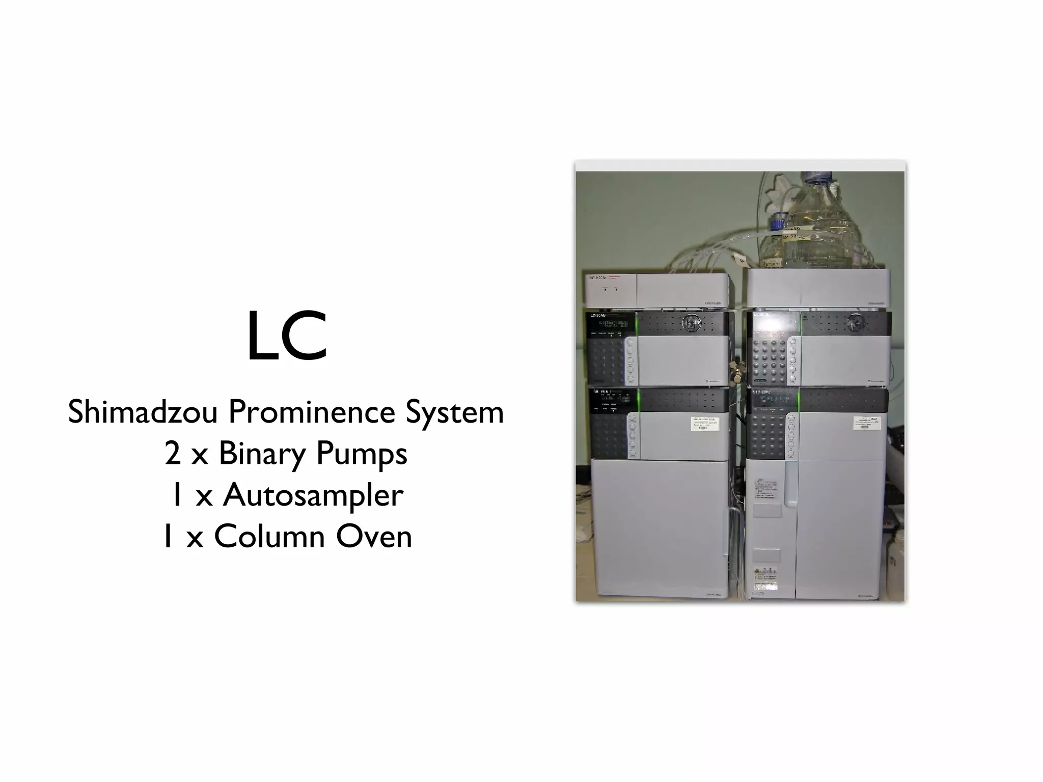 LC Shimadzou Prominence System 2 x Binary Pumps 1 x Autosampler 1 x Column Oven 