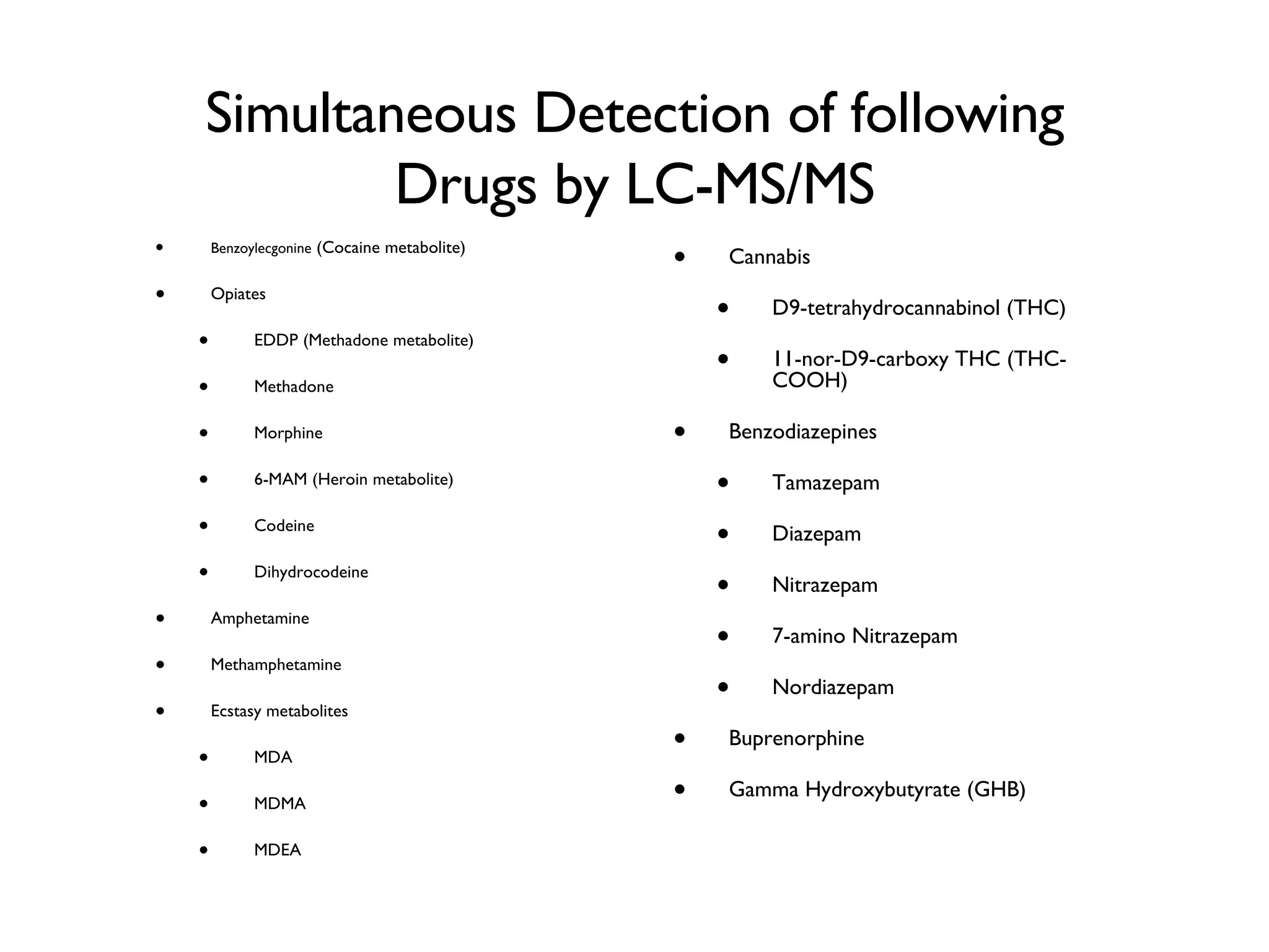 Simultaneous Detection of following Drugs by LC-MS/MS Benzoylecgonine  (Cocaine metabolite) Opiates EDDP (Methadone metabolite) Methadone Morphine 6-MAM (Heroin metabolite) Codeine Dihydrocodeine Amphetamine Methamphetamine Ecstasy metabolites  MDA  MDMA MDEA Cannabis D9-tetrahydrocannabinol (THC) 11-nor-D9-carboxy THC (THC-COOH) Benzodiazepines Tamazepam Diazepam Nitrazepam 7-amino Nitrazepam Nordiazepam Buprenorphine Gamma Hydroxybutyrate (GHB) 