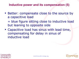 Inductive power and its compensation (5) Better: compensate close to the source by a capacitive load = blue figure sitting close to inductive load but leaning to opposite side Capacitive load has sinus with lead time, compensating for delay in sinus of inductive load 