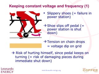 Keeping constant voltage and frequency (1) Slippery shoes (= failure in power station)  Shoe slips off pedal (= power station is shut down) Tension on chain drops = voltage dip on grid    Risk of hurting himself, since pedal keeps on turning (= risk of damaging pieces during immediate shut down) 