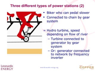 Three different types of power stations (2) Biker who can pedal slower Connected to chain by gear system = Hydro turbine, speed depending on flow of river Turbine connected to generator by gear system Or: generator connected to network by frequency inverter 