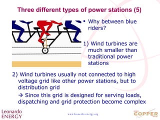 Three different types of power stations (5) 2) Wind turbines usually not connected to high voltage grid like other power stations, but to distribution grid    Since this grid is designed for serving loads, dispatching and grid protection become complex Why between blue riders? 1) Wind turbines are much smaller than traditional power stations 