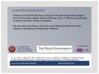 ACKNOWLEDGEMENTS
Thanks to the SCIPR (Sensing Curiosity in Play and Responding) project
and co-PIs Justine Cassell, Jessica Hammer, and L.P. Morency, generously
funded by the Heinz Family Foundation.
We also thank Eda Zhang, Anny Fan, and Catherine Kildunne for their
support in playtesting and designing Outbreak.
To., A., Fath, E., Zhang, E., Ali, S., Kildunne, C., Fan, A., Hammer, J., Kaufman, G. (2016) “Tandem
Transformational Game Design: A Game Design Process Case Study”, 2016 Meaningful Play.
Carnegie Mellon
Human Computer
Interaction Institute
tinyurl.com/tandemdesign alexandrato.com
 